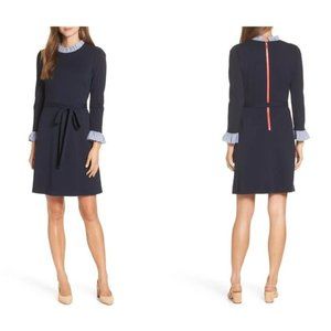 NWT 1901 Long Sleeve Ruffle Detail Shirtdress 6 Tie Waist Navy Blue